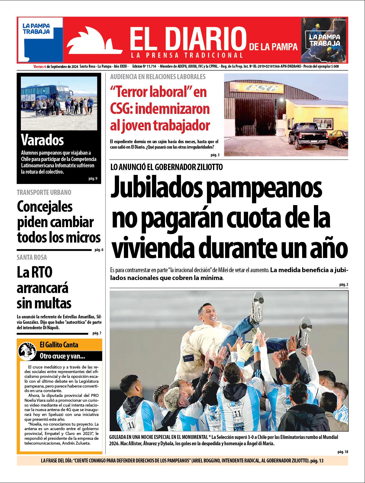 Tapa de El Diario en papel  viernes 06 de septiembre de 2024